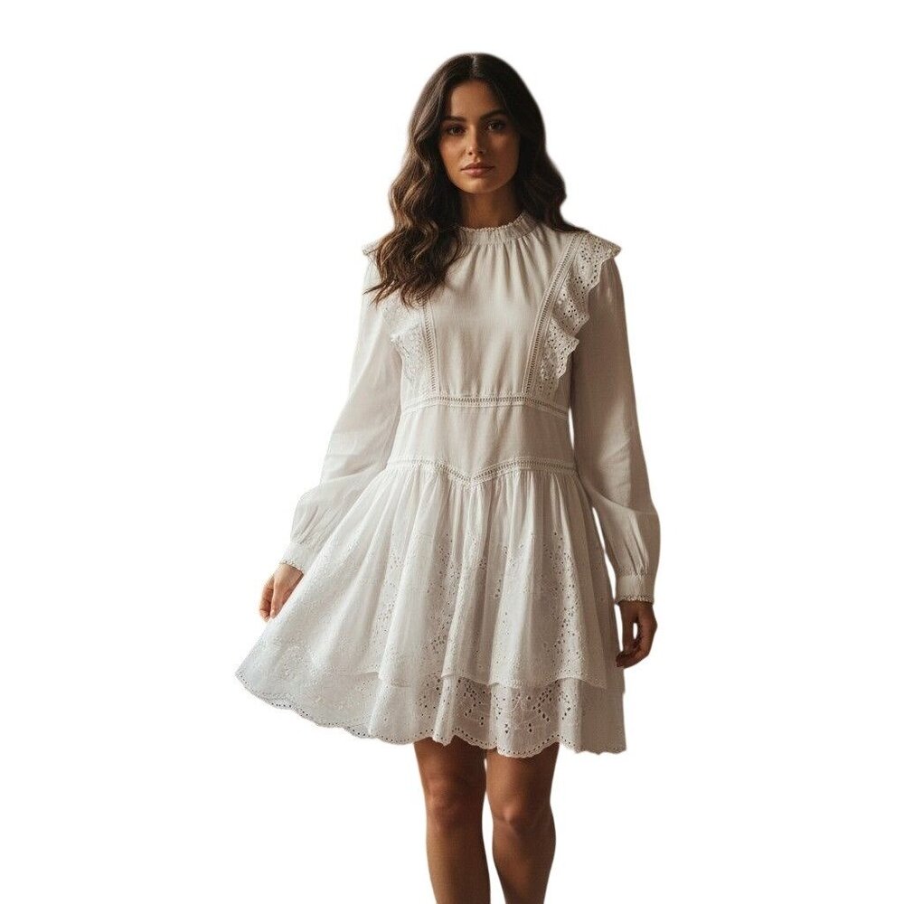 Allsaints Aislyn Broiderie White Ruffled Eyelet Dress 100% Cotton Lined EUC Worn - Picture 2 of 16